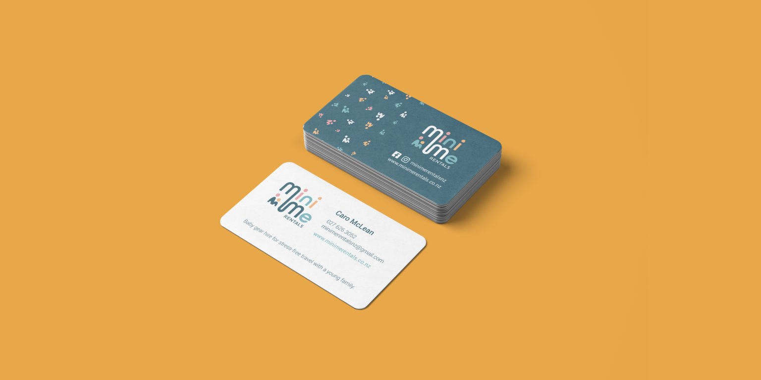 Mini Me Rentals business cards designed by Talk Visual. The graphic design is shown on the front and back of the cards against a yellow background