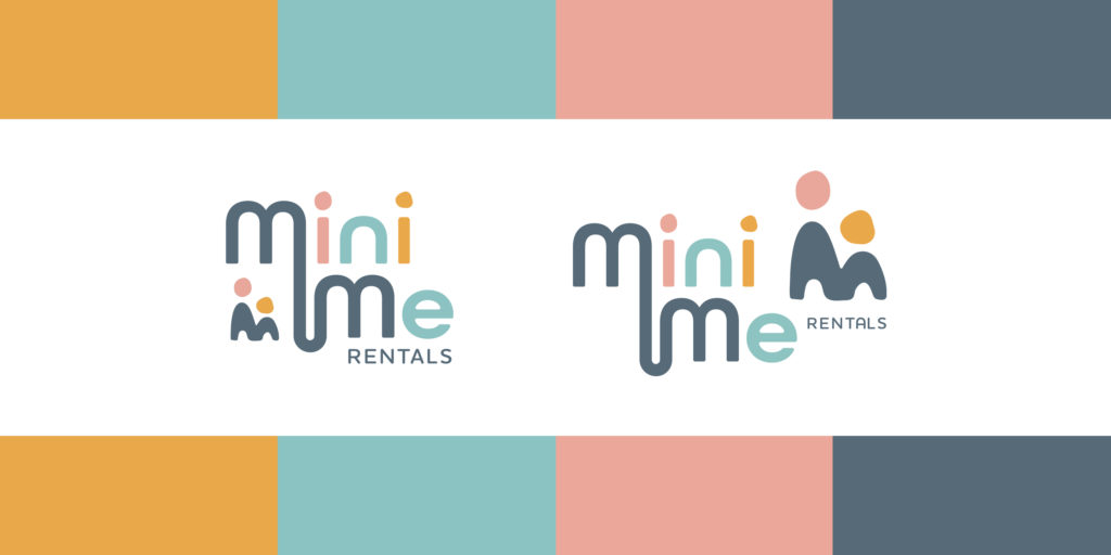 Mini Me Rentals brand logo and colour palette. The logos are shown on a white strip with brighter colouring behind