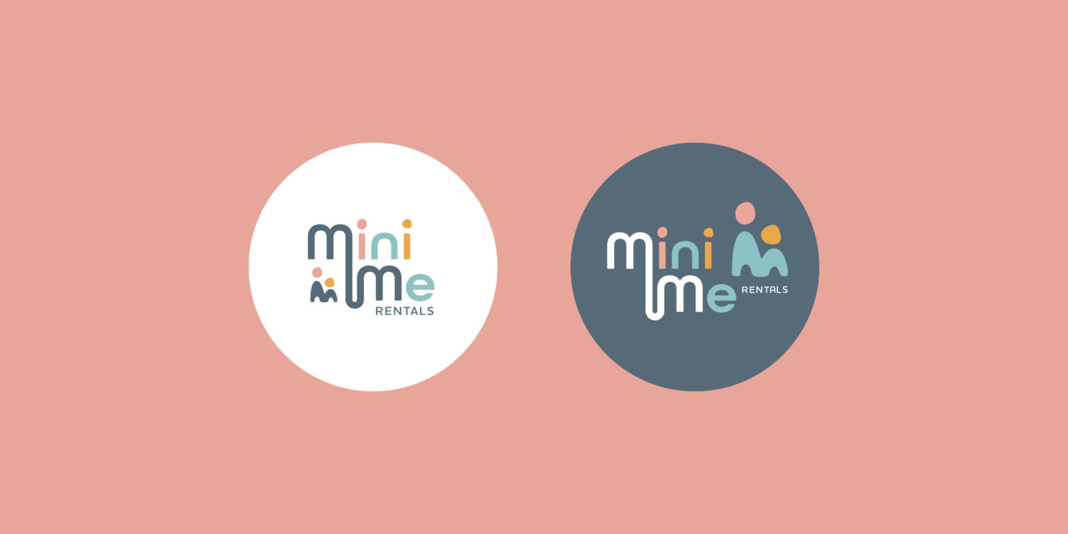 The developed logo for mini me rentals shown against a white background and a dark background. The logo versions are for different uses for the brand collateral