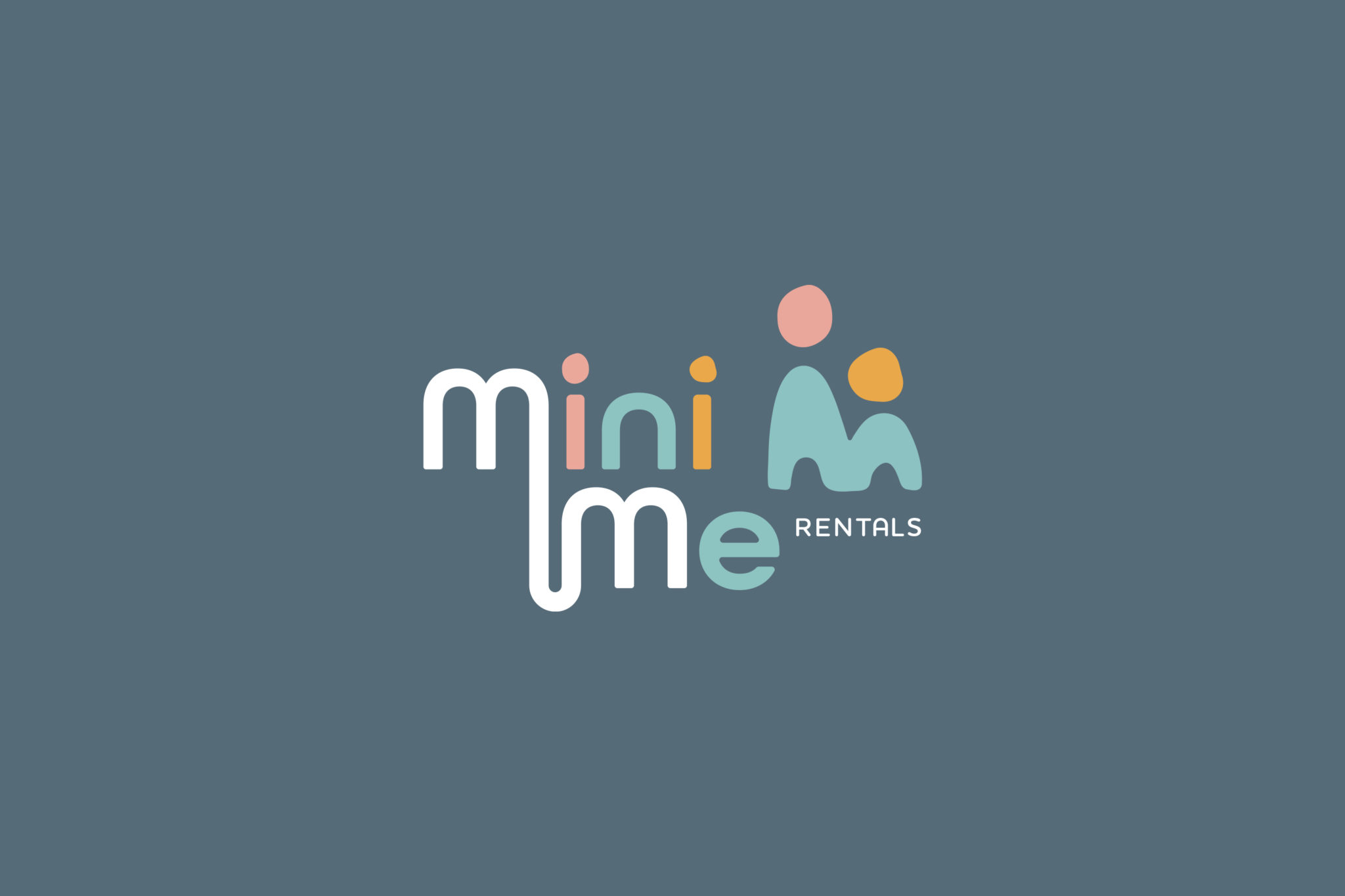 A brand logo for mini me rentals with pastel, soft colours to reflect the brand strategy. The logo is shown on a blue background