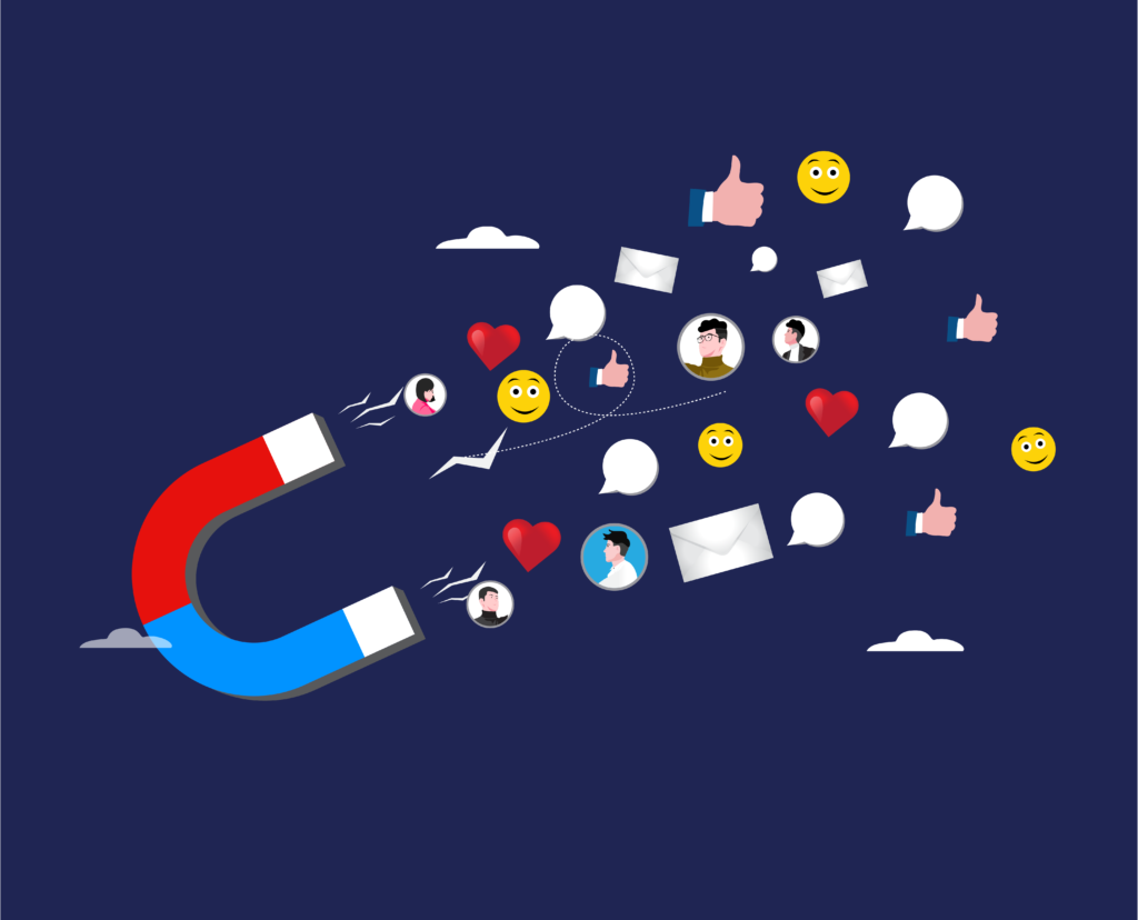 Creating a business value proposition that converts customers or clients is represented by a vector image of a magnet pulling in various social media icons